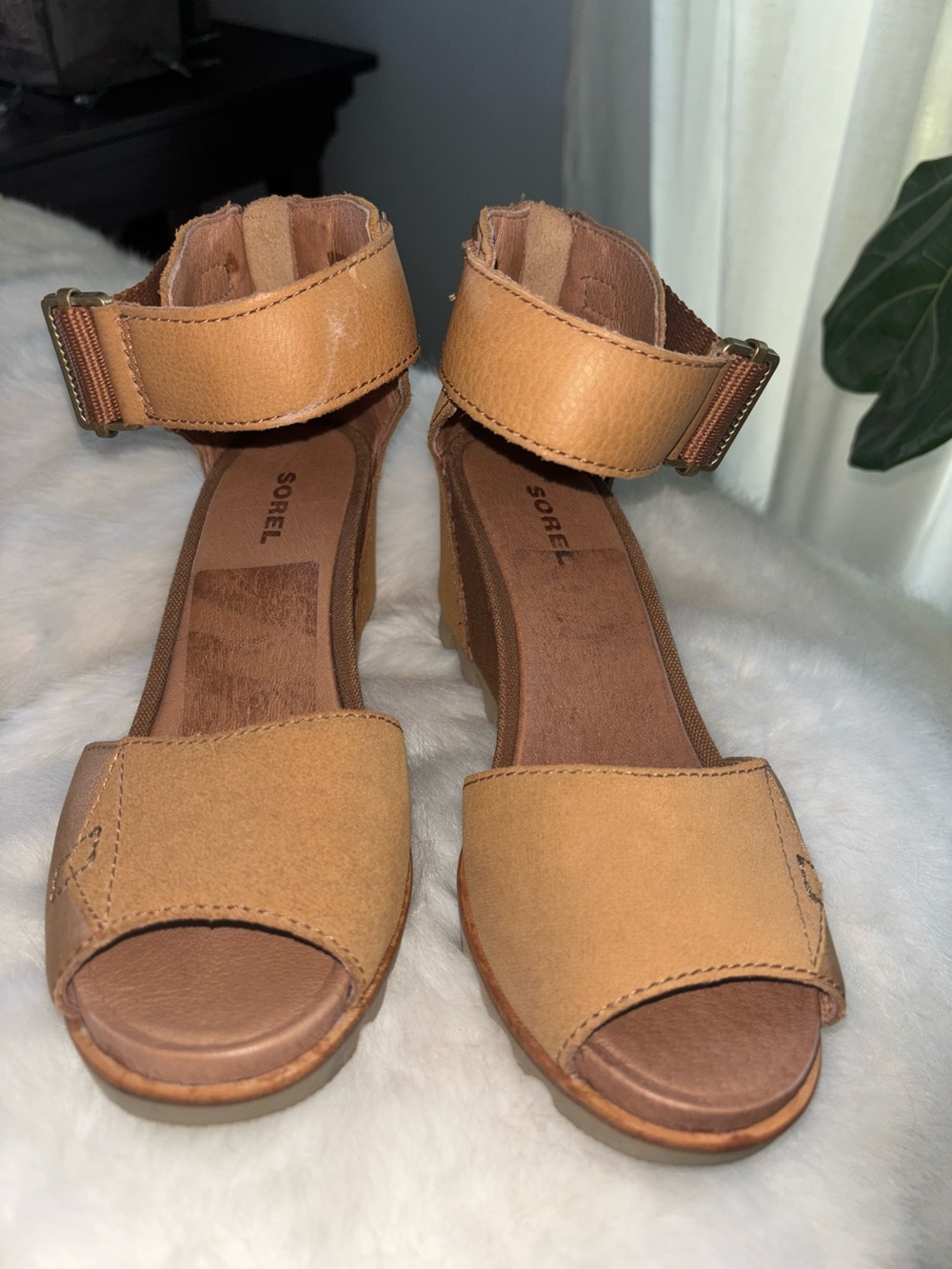 Sorel Tan Leather Ankle-Strap Wedge Sandals 7.5